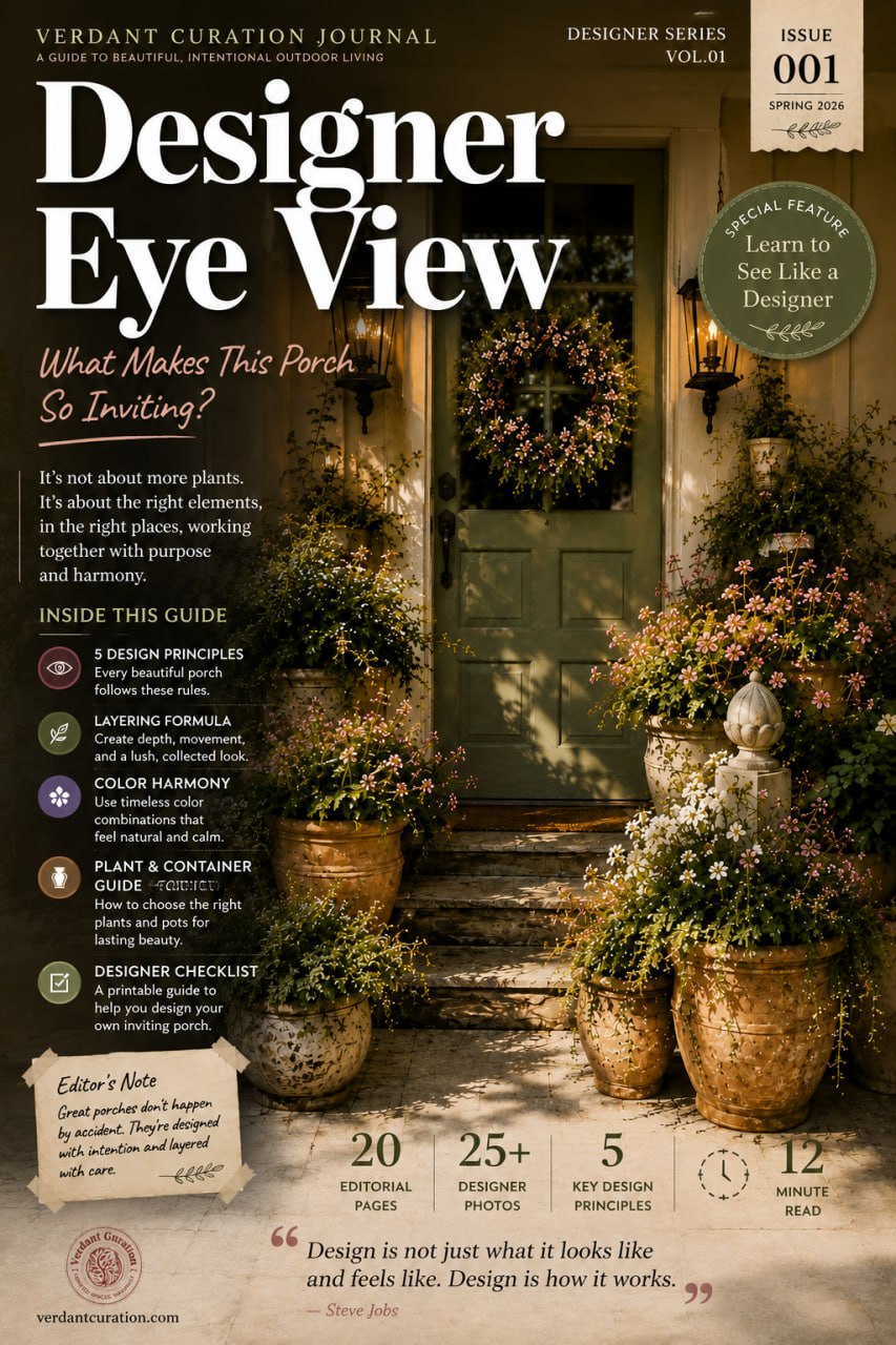 Verdant Curation Journal: Designer Series Vol. 01 cover — magazine-style spread with porch design introduction