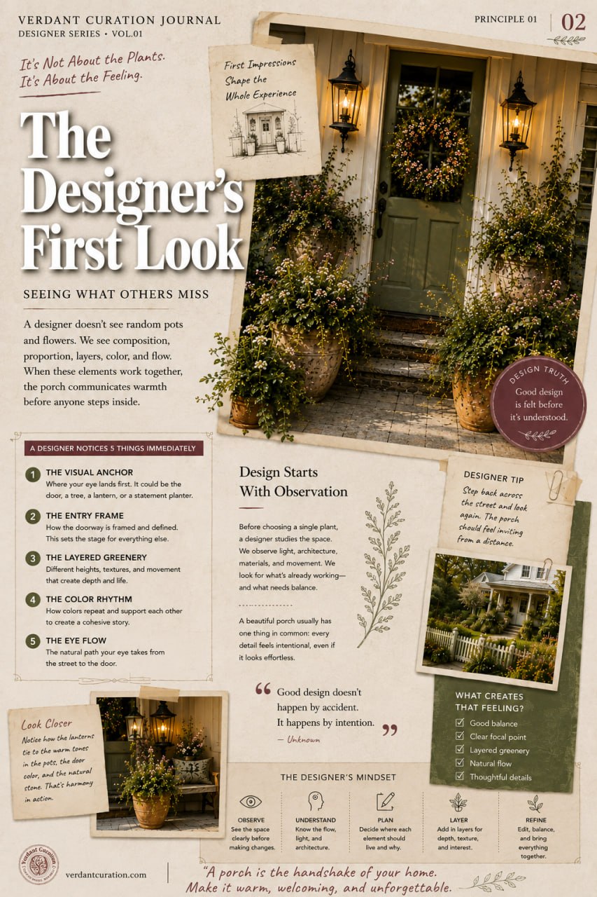 Designer Eye View page 02: The Designer's First Look — how designers observe composition, proportion, layers, color, and flow on a porch