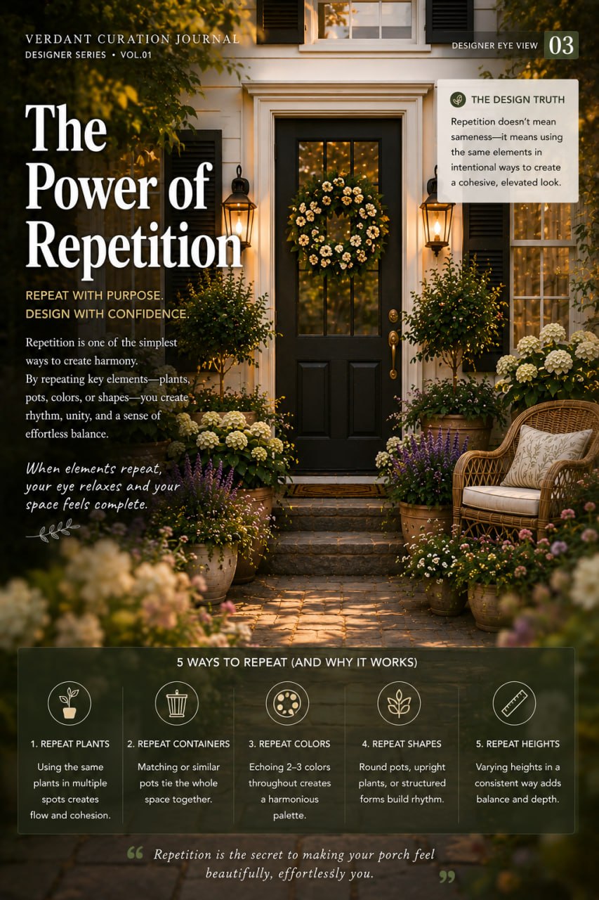 Designer Eye View page 03: The Power of Repetition in porch design — creating rhythm and harmony through repeated plants, colors, and shapes