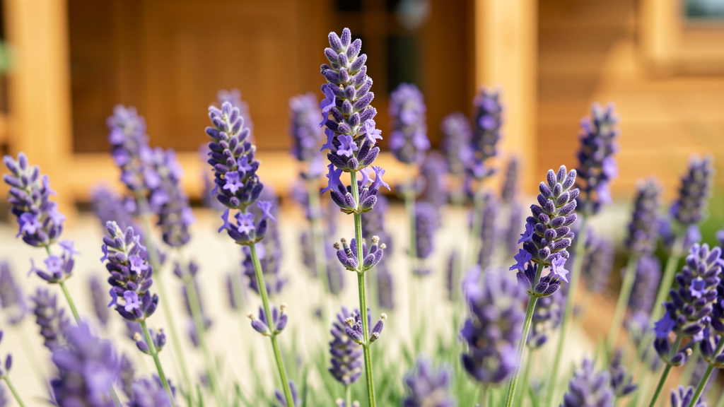 Close-up of English lavender flower spikes in full bloom