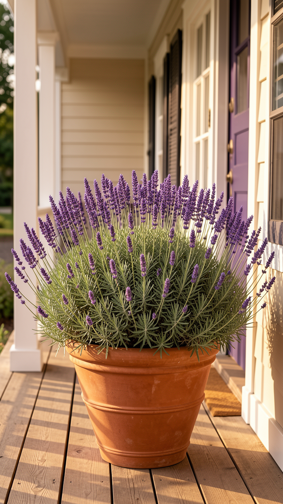 English lavender in a terracotta pot on a sunlit farmhouse porch